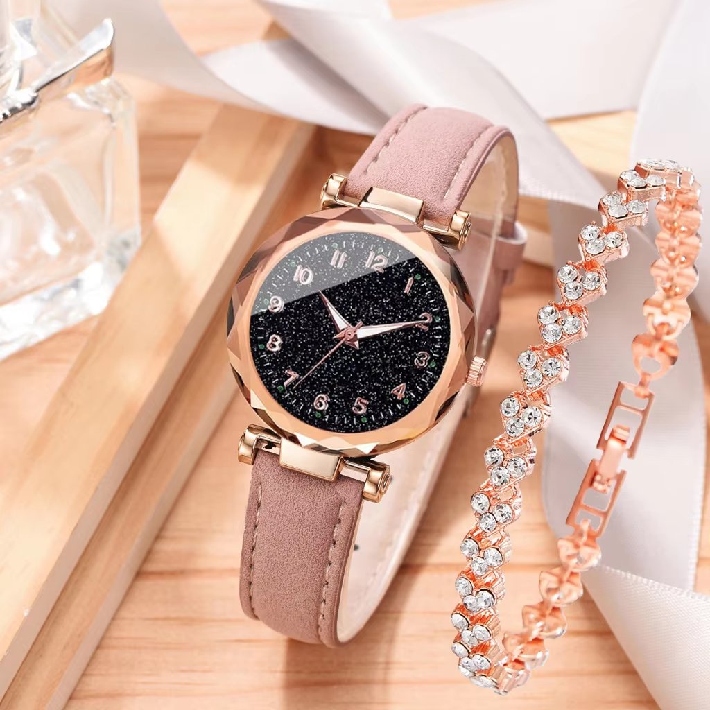 2pcs/set Women's Chronograph Quartz Watch Lady Fashion Wrist Watch Luxury Quartz Analog PU Leather Watch Bracelet