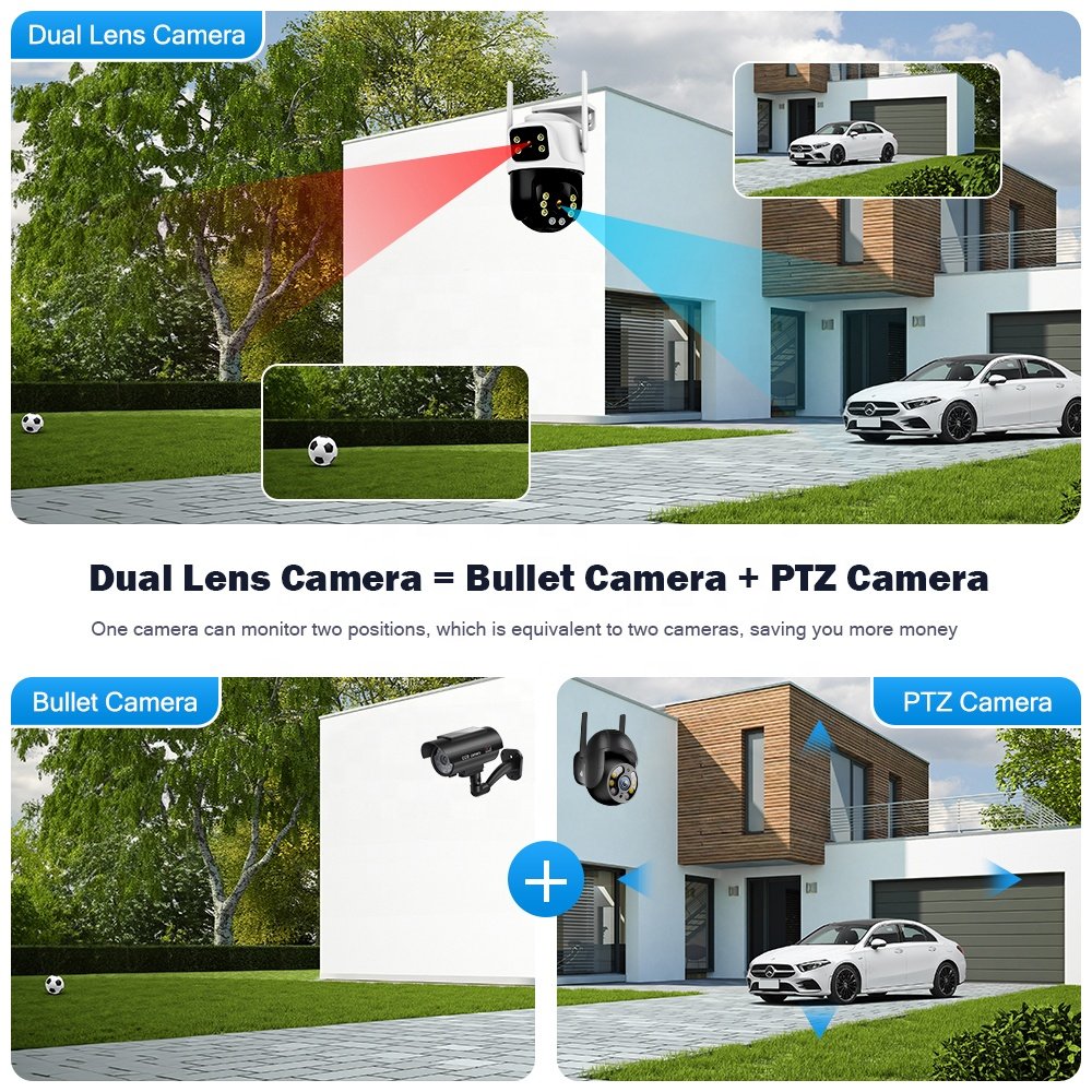 Dual Lens 360 Degree Wireless Network Camera Support Bluetooth Max 128GB SD Card Storage Surveillance PTZ Camera