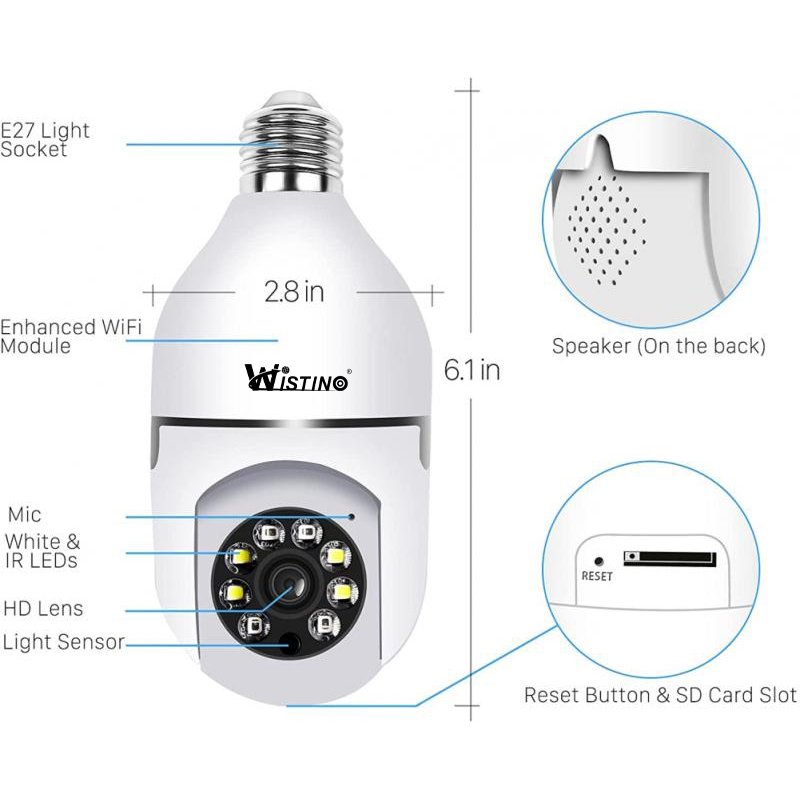 Wistino 5GHZ 360 Panoramic Wifi HD Night Vision ip Mini surveillance Home Security Wireless light bulb PTZ Home Security Cameras