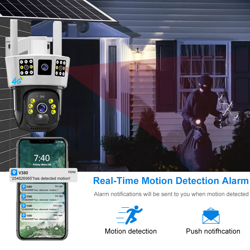 v380 Dual Lens Outdoor Solar Camera 4G Sim Card 2MP WiFi IP Camera Waterproof Solar Panel PTZ Two-Way Audio Cloud Memory Card