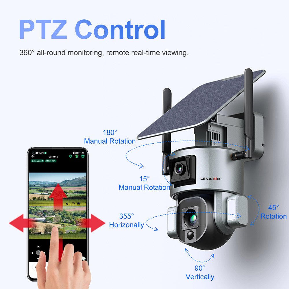 LS VISION 4K 10X Zoom Dual lens Outdoor Security Camera Alarm Night Vision CCTV 4g solar PTZ camera with flood light