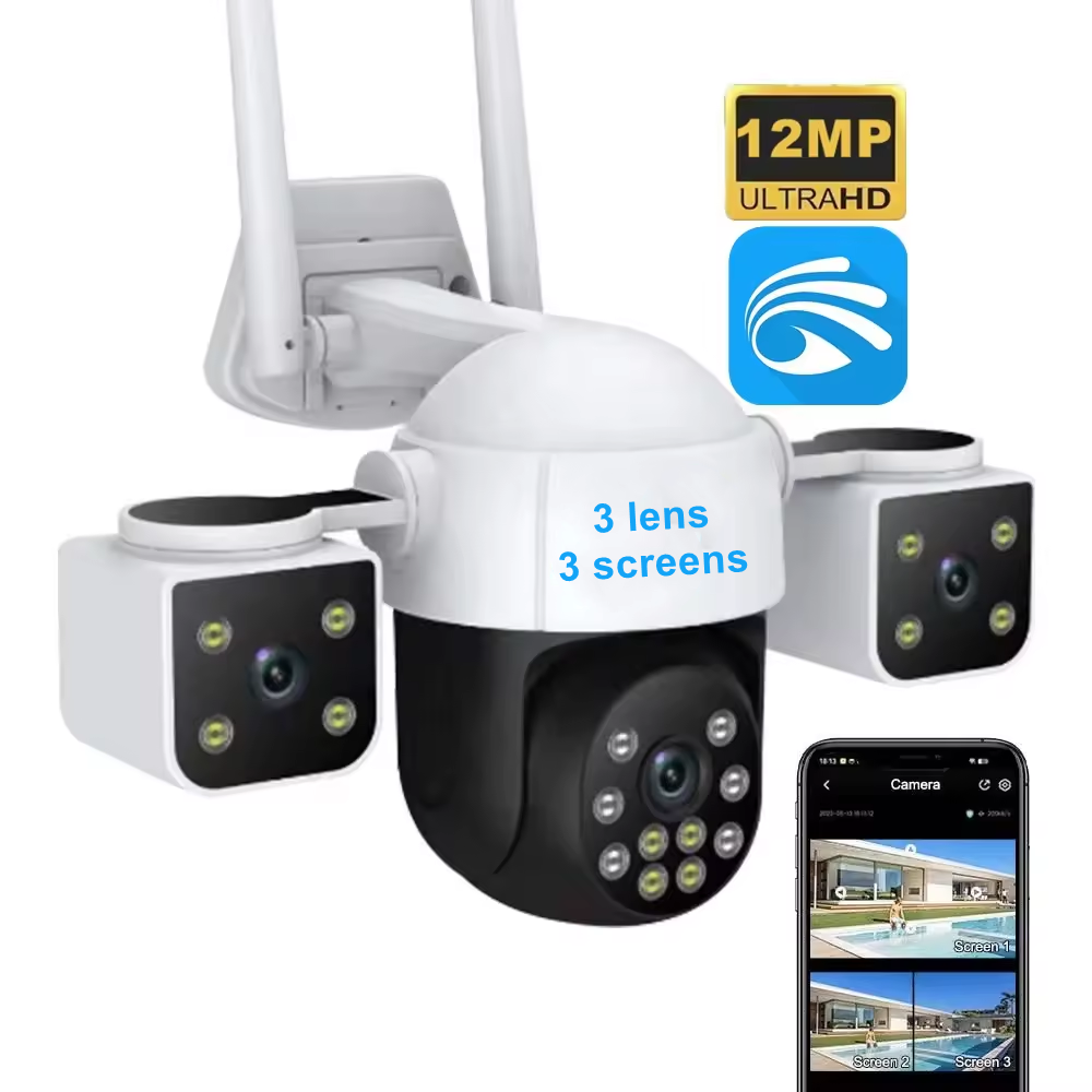 6K 12MP WiFi IP Outdoor Three lens Panoramic View PTZ IP Camera Yoosee AI Tracking HD Security CCTV Network Camera Surveillance