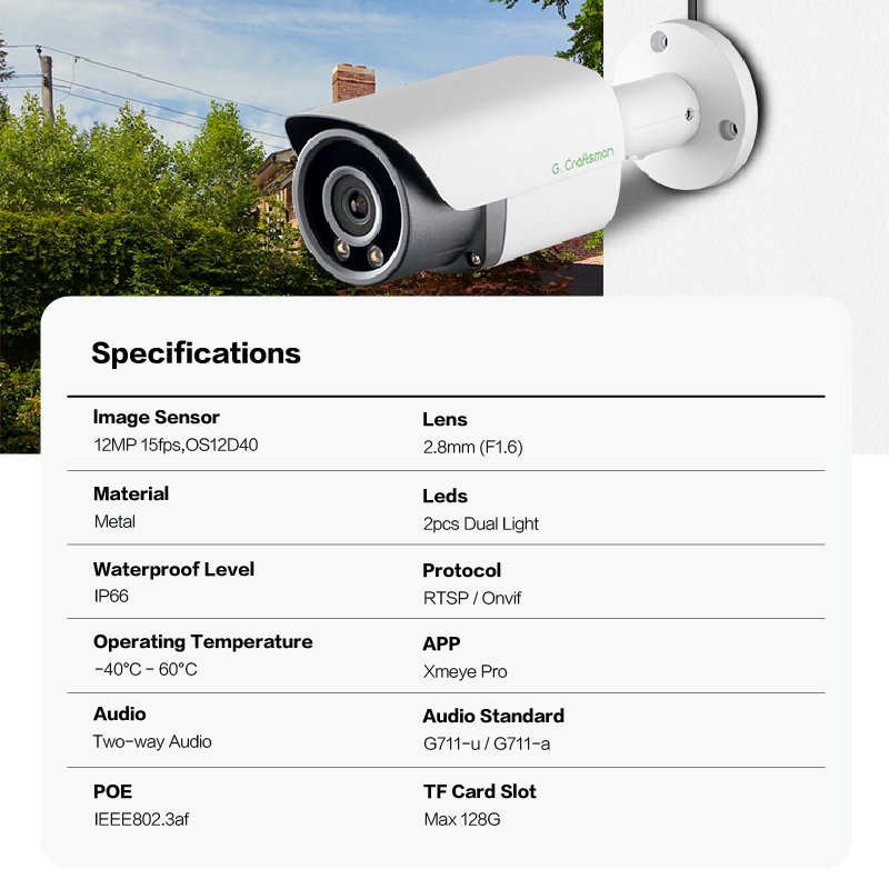 GA-B3SFD-M12V(AG) Gcraftsman12MP CCTV Security Camera IP67 Outdoor Waterproof Bullet IP POE Camera for 4K 8MP HIK NVR OmniVision