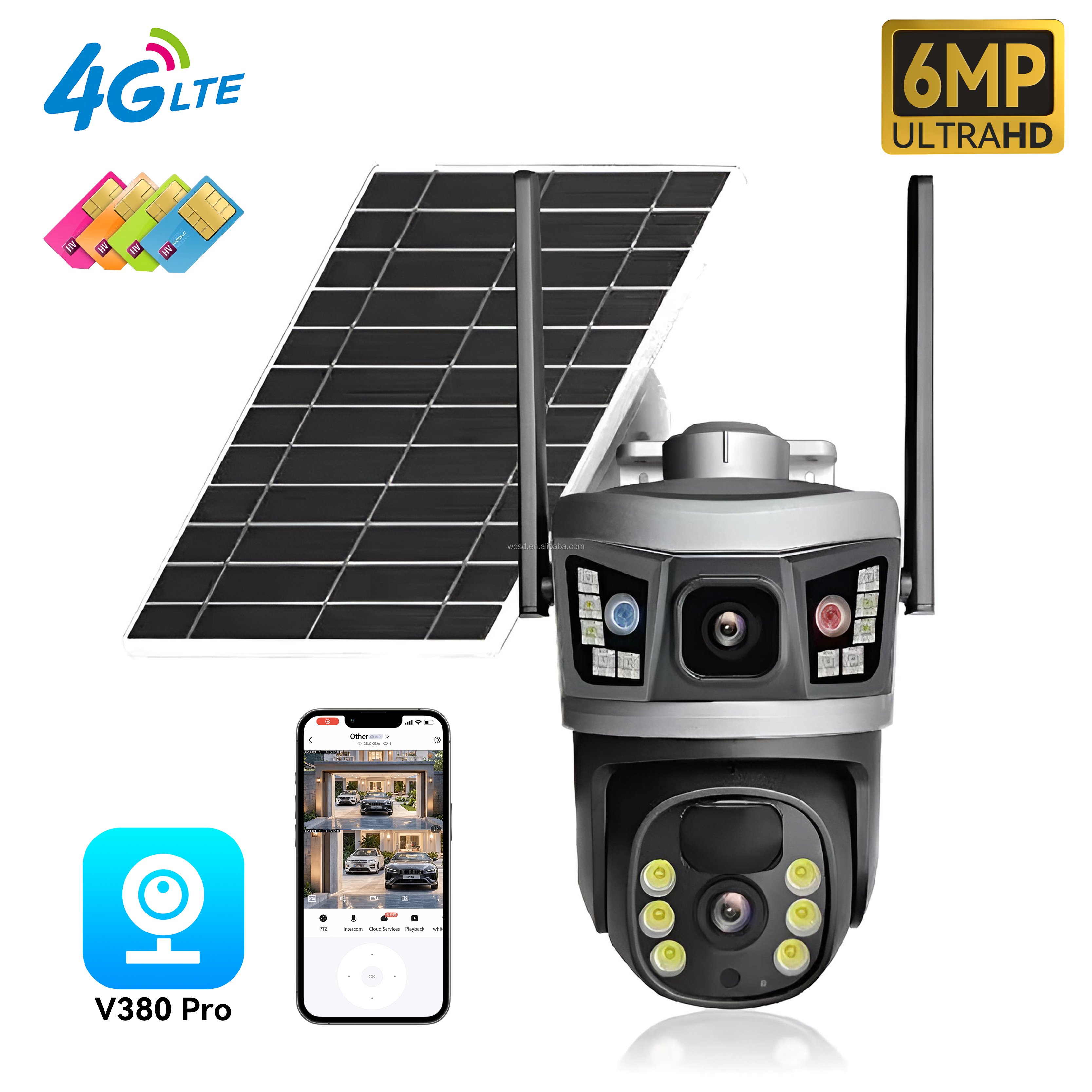 6MP Dual Lens 4G Solar Outdoor Security Camera HD 1080P Battery Powered Smart PTZ Wifi IP Surveillance Cameras Wireless V380pro