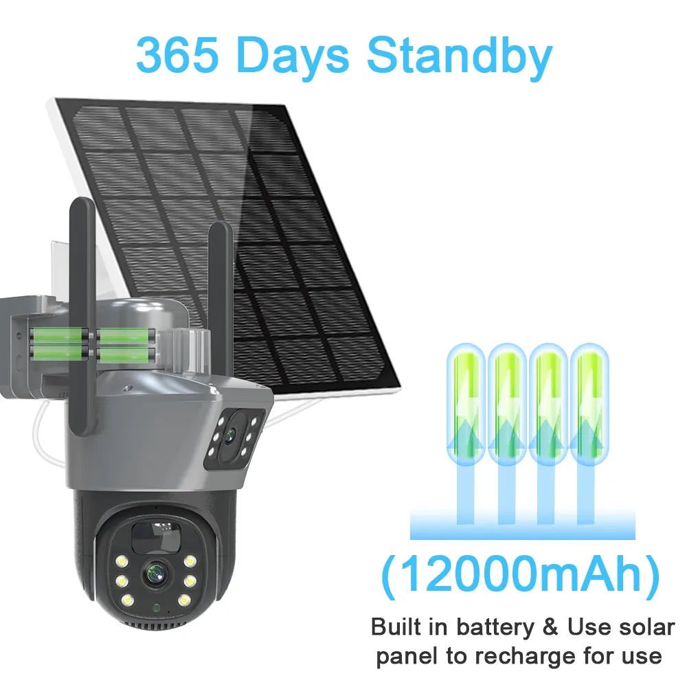 Network WIFI Security Surveillance IP PTZ CCTV Solar Camera Dual Lens Dual Screens PIR Human Tracking Low Power Outdoor 5MP 4G