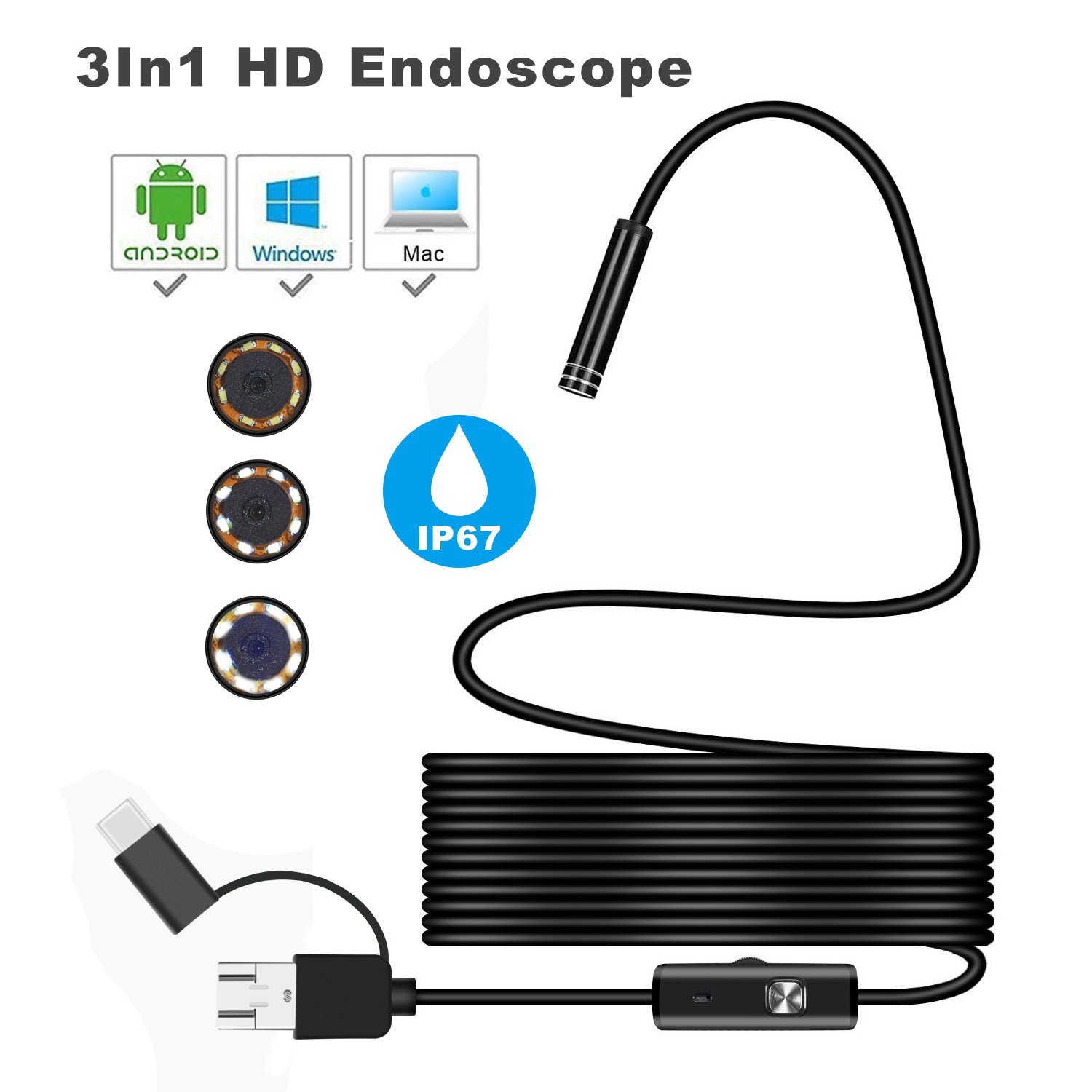 3 In 1 Micro USB Type C HD Pipe Mini Camera 8mm 720P Inspection Device Phone Camera Endoscope Android