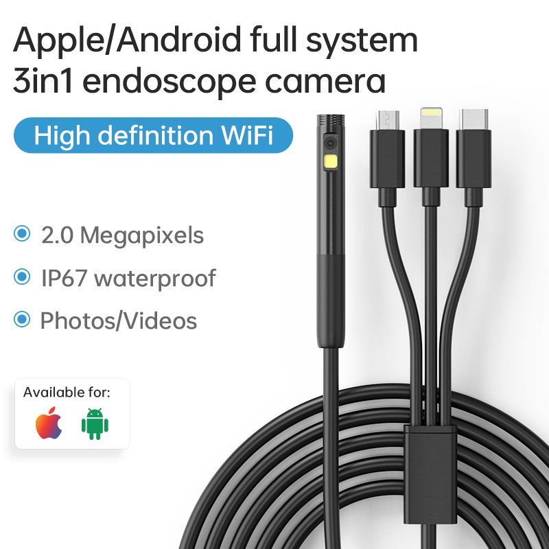 Wholesale W300-B 1920P HD Borescope with 6 LED Lights 3 in1 Snake Camera IP67 Waterproof Pipe Inspection for Android iPhone iPad