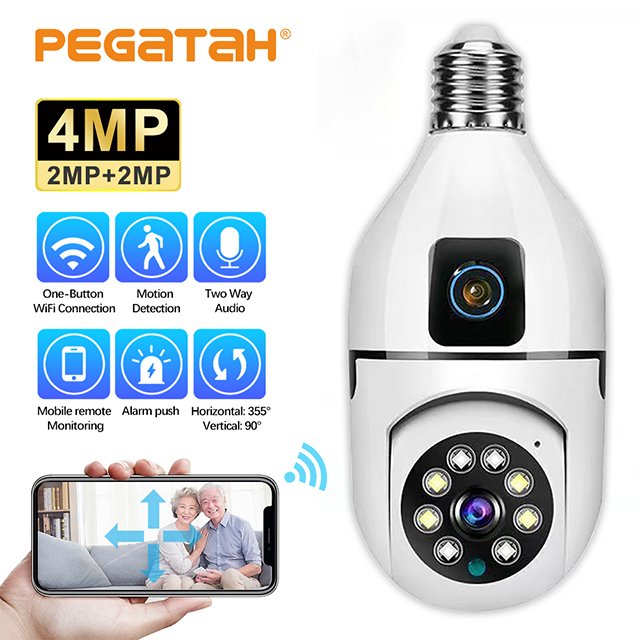 4MP 4K E27 Wifi Dual Lens PTZ Network Camera CCTV IP Security Smart Home Cam with AI Tracking Voice Alarm Voice Command Features