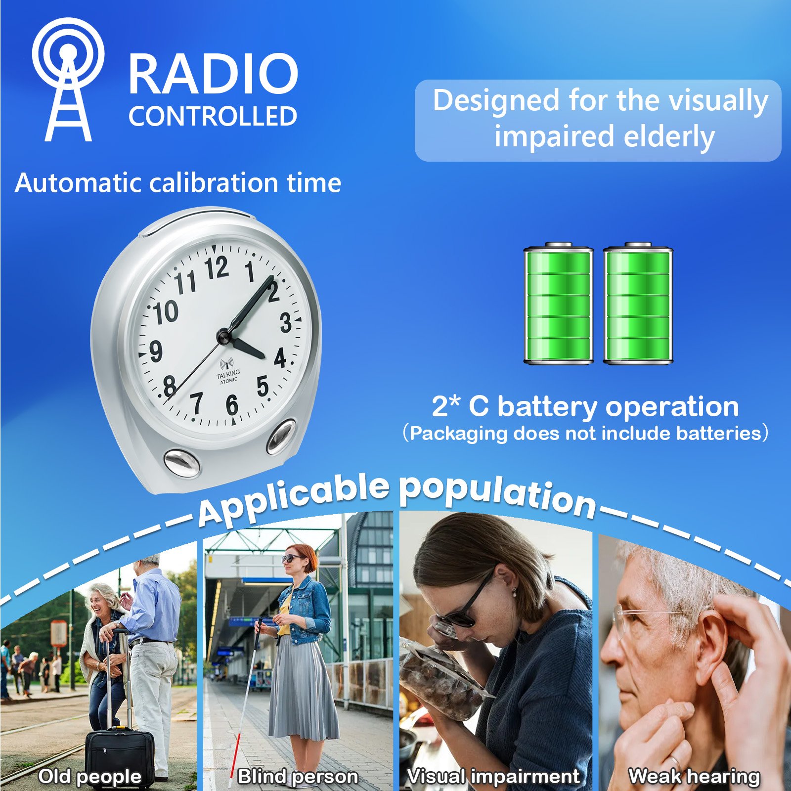 Atomic Talking Alarm Clock for Visually Impaired Large Numbers Voice announcement of time and date for Seniors