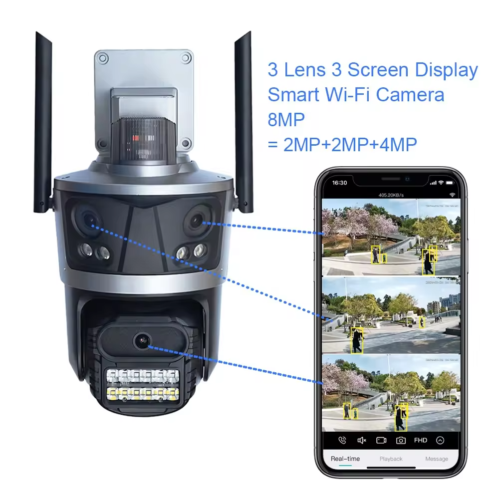ICSEE 8MP WIFI Three Lens 3 Screen Security Camera PTZ Dome Voice Light Alarm 4K AI Human Detection CCTV Camera Alexa Supported