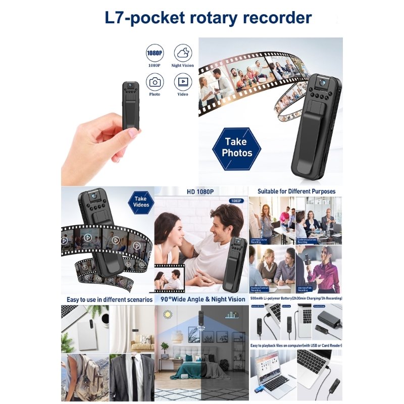 L7 1080P HD Mini Camera Body Cam Rotating Micro voice Camera Loop Recording Camcorder Sports DV Pocket Recorder