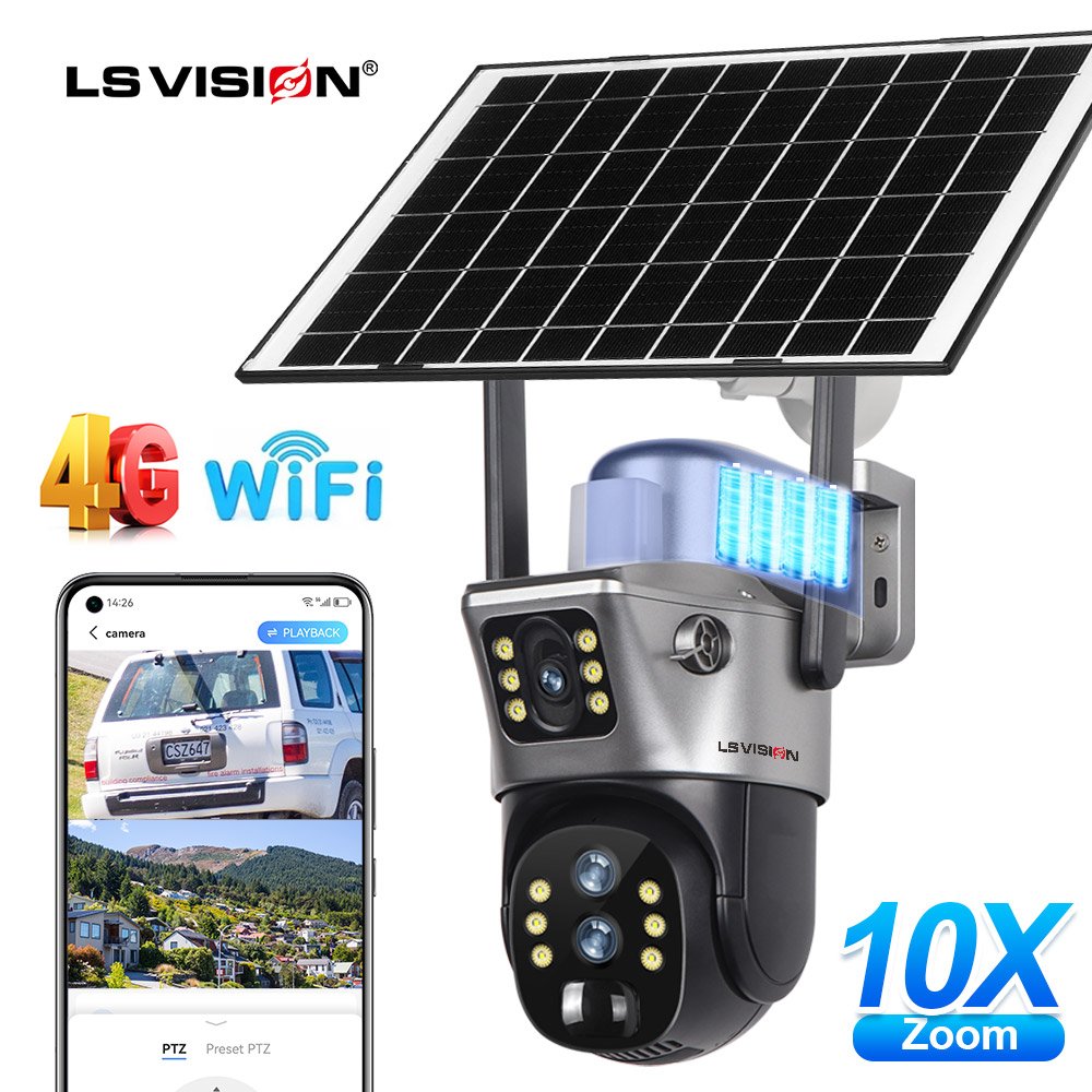LS VISION V380 HD Dual Screen Preview 10X Optical Zoom Night Vision Two-way Voice with WIFI 4G PTZ Camera Solar Camera