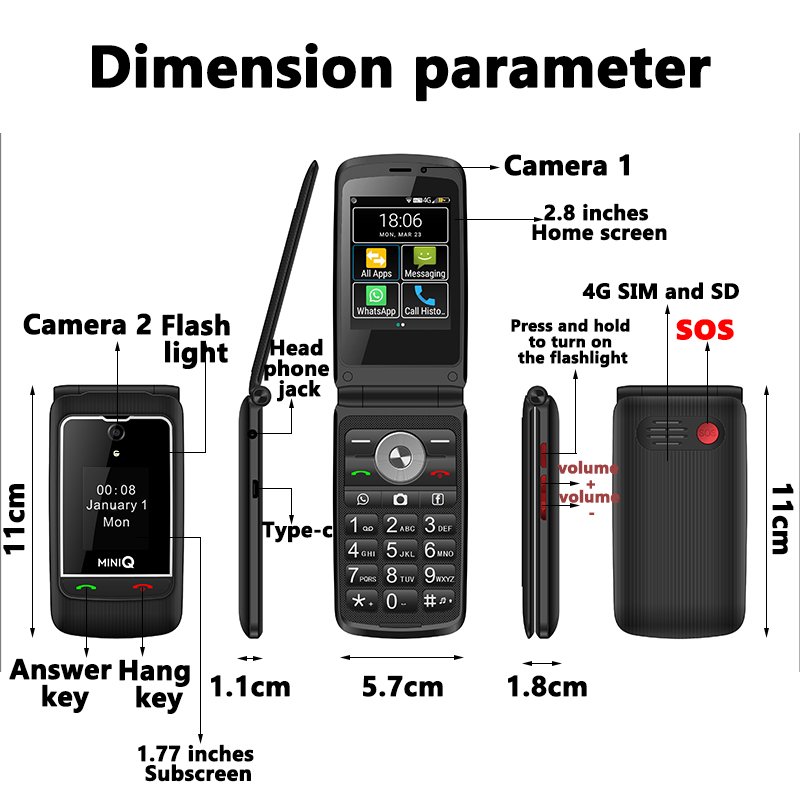 4G Google Android 11 3GB+32GB Dual Camera Type-c TIQ MINI Q5 Cheap Touchscreen Key Cute Popular Portable Pocket Flip Smartphones