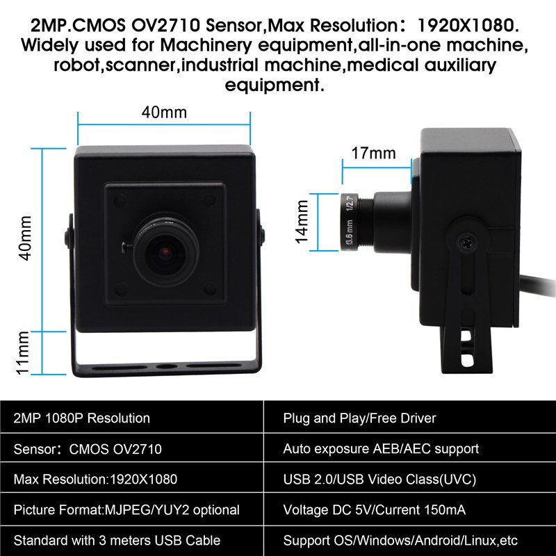 ELP 1080P Webcam 2 Megapixel UVC plug & play free driver 60fps 120fps usb mini camera for ATM machine