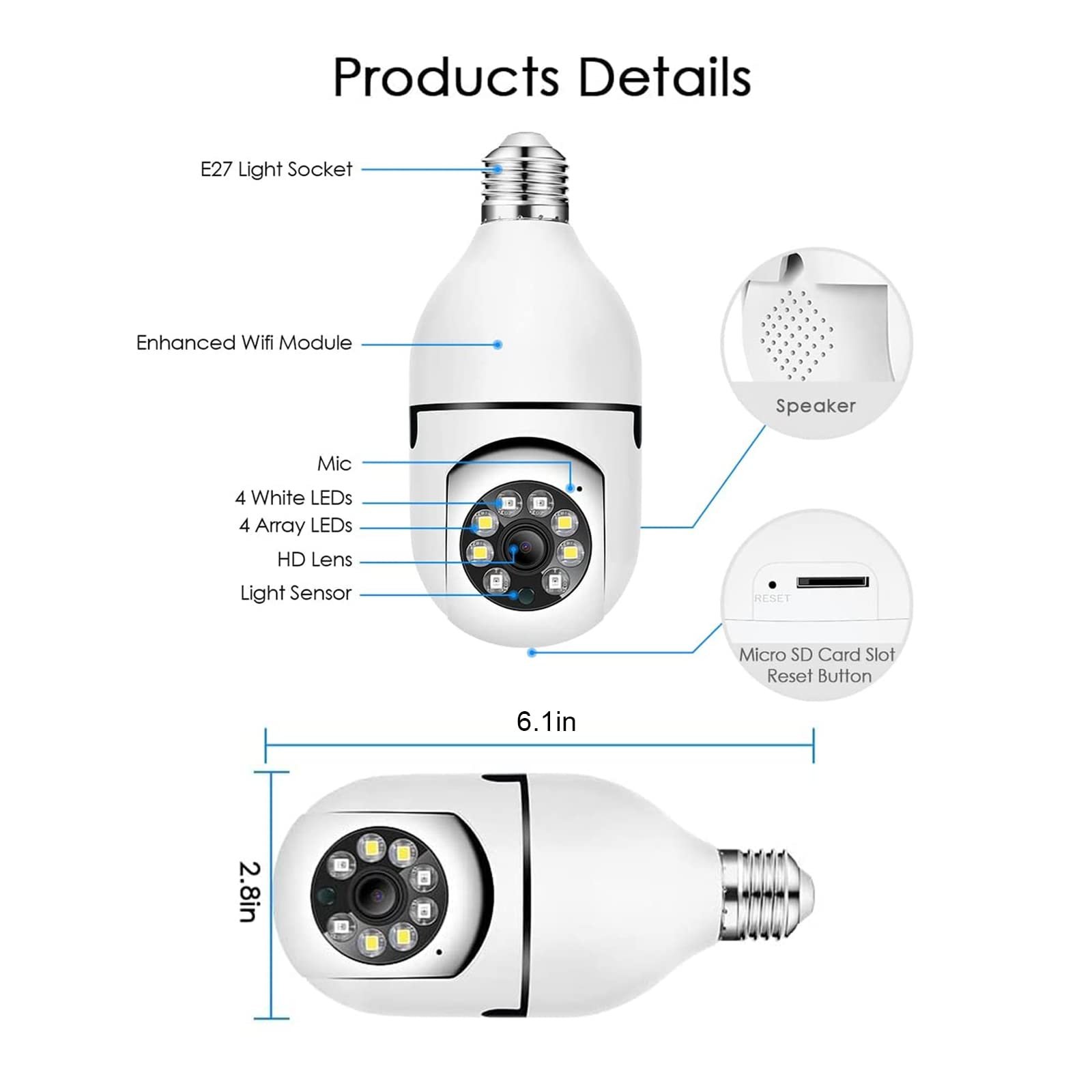 Mini icsee Cam Bulb Wifi Camera Motion Voice Alarm Security Monitor Network Camera Two Way Audio App Remote Control Nany Home