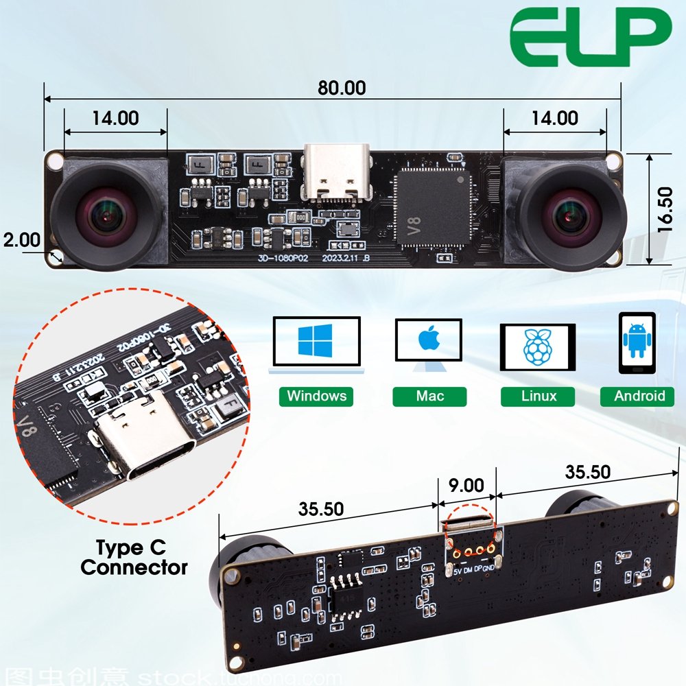 ELP 1080P Synchronous Camera USB2.0 Dual Lens 4MP 3840X1080P 60fps 3D Stereo Camera USB For Deep Inspection,Face Recognition