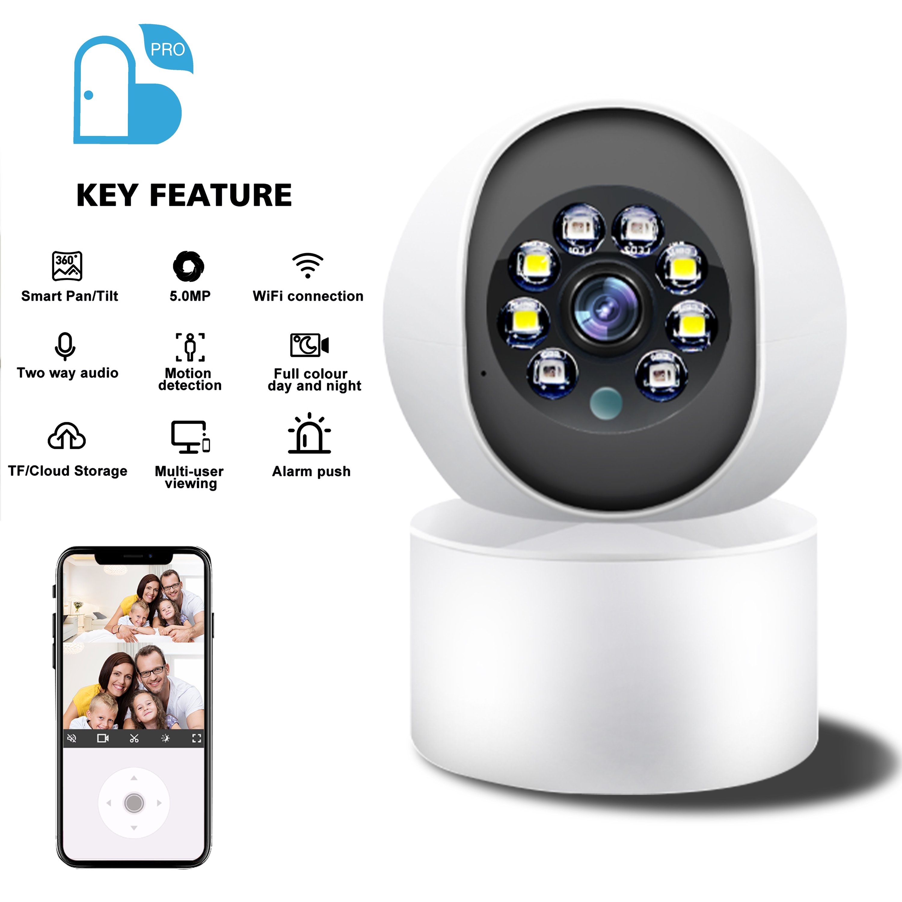 C 5MP HD 360 degree rotated PTZ camera security wifi home camera with night vision and led light Two-way voice intercom camera