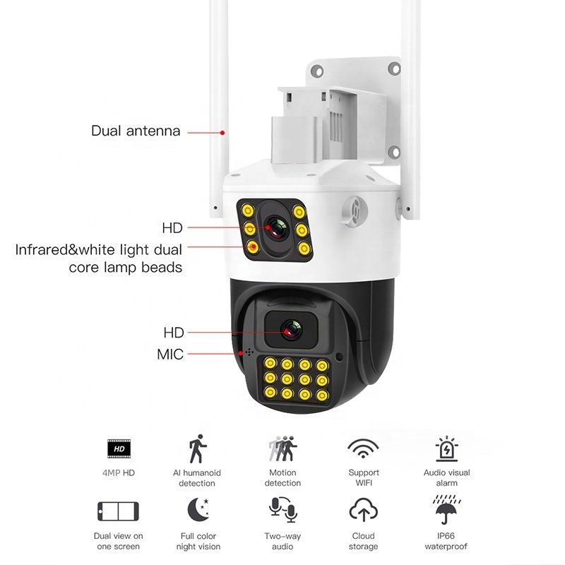 2K 4MP HD Wifi PTZ Camera Outdoor 4MP Dual Lens Dual Screen AI Auto Tracking IP Cam CCTV Network Security Camera