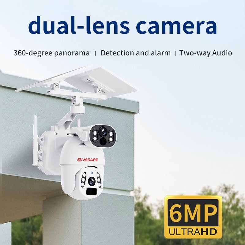 VESAFE 6mp 12w Dual Lens Outdoor Solar Home Security Cctv Camera PIR Wireless 360 Degree Ptz Network Camera