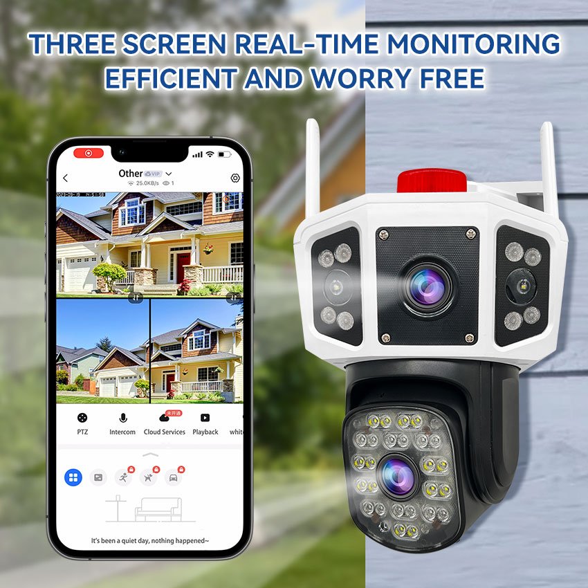 Wedtserha 3-lens outdoor waterproof camera human motion tracking alarm push wifi security camera Triple screen real 4 million
