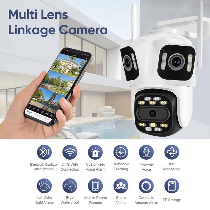 Rscamtom 8MP 4K WiFi 4g sim card Camera Outdoor three Lens PTZ Security Camera CCTV ip network cameras surveillance
