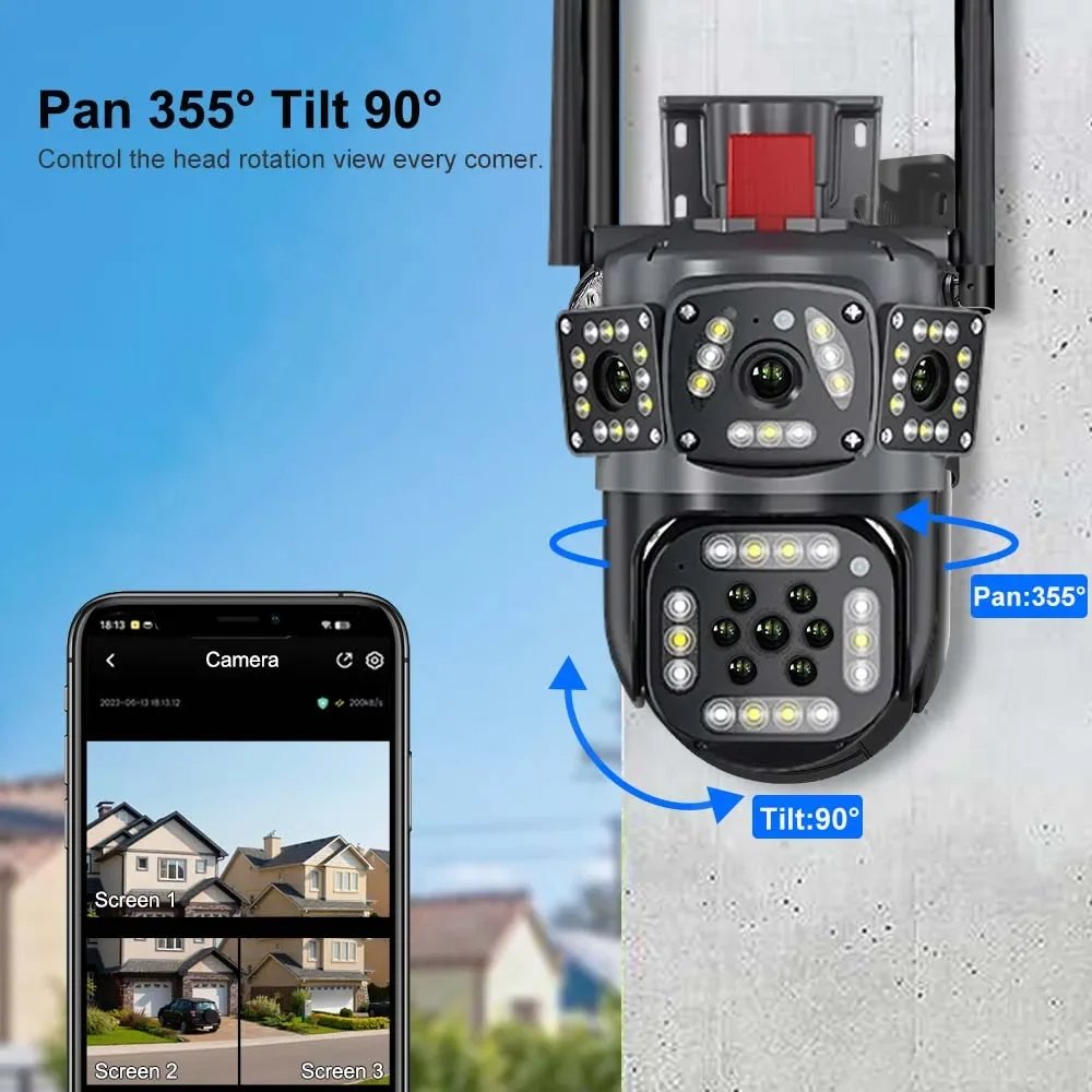 2024 New Wifi Security Camera Outdoor 6k Four Screen Ptz 10x Zoom Waterproof Surveillance Human Tracking Ip Cctv Camera