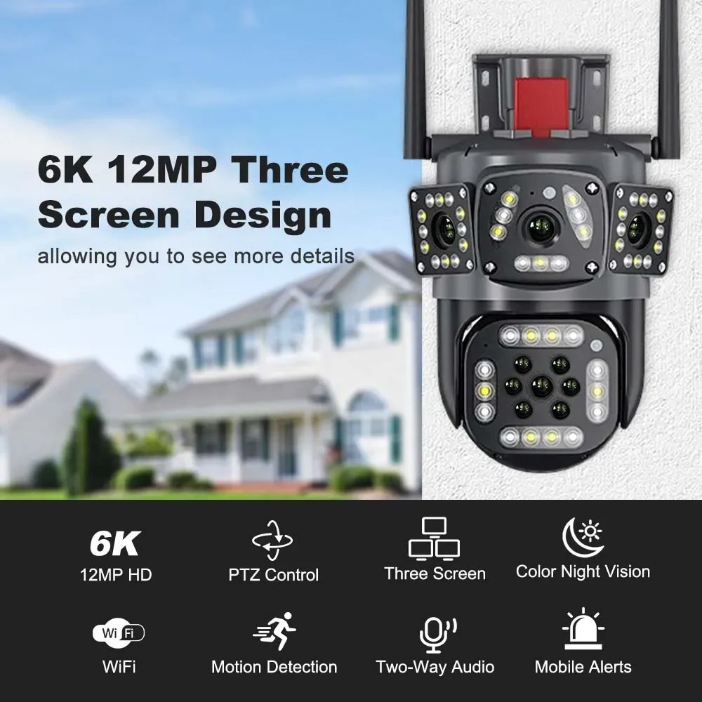 2024 New Wifi Security Camera Outdoor 6k Four Screen Ptz 10x Zoom Waterproof Surveillance Human Tracking Ip Cctv Camera