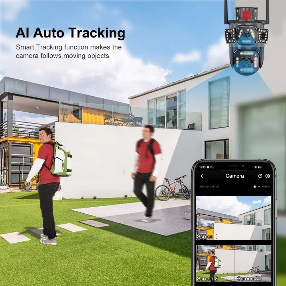 2024 New Wifi Security Camera Outdoor 6k Four Screen Ptz 10x Zoom Waterproof Surveillance Human Tracking Ip Cctv Camera