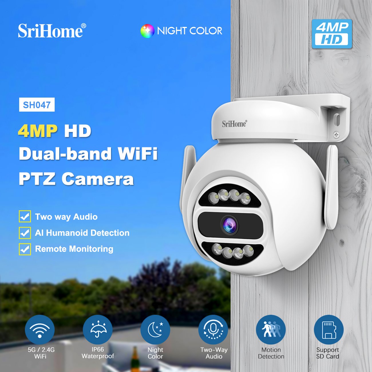 SriHome 4MP Built-in Mic & Speaker, supports two-way audio outdoor mini ptz motion detection and humanoid alarm camera