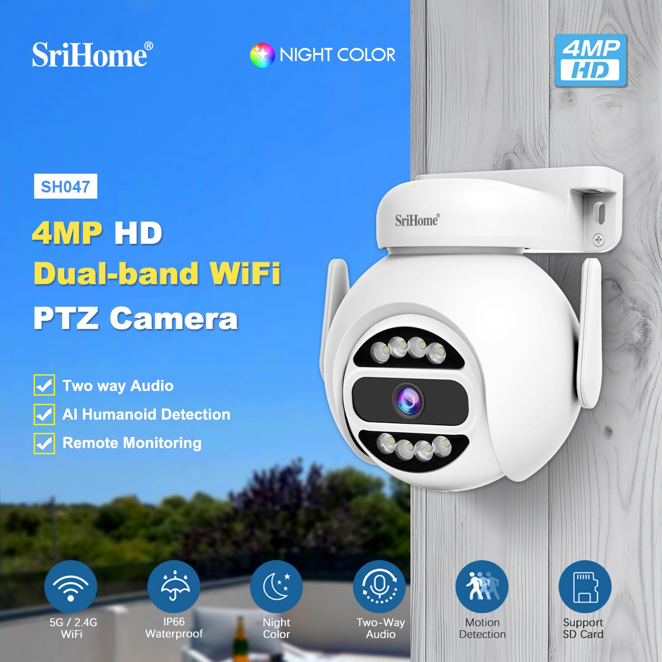 SriHome 4MP Built-in Mic & Speaker, supports two-way audio outdoor mini ptz motion detection and humanoid alarm camera