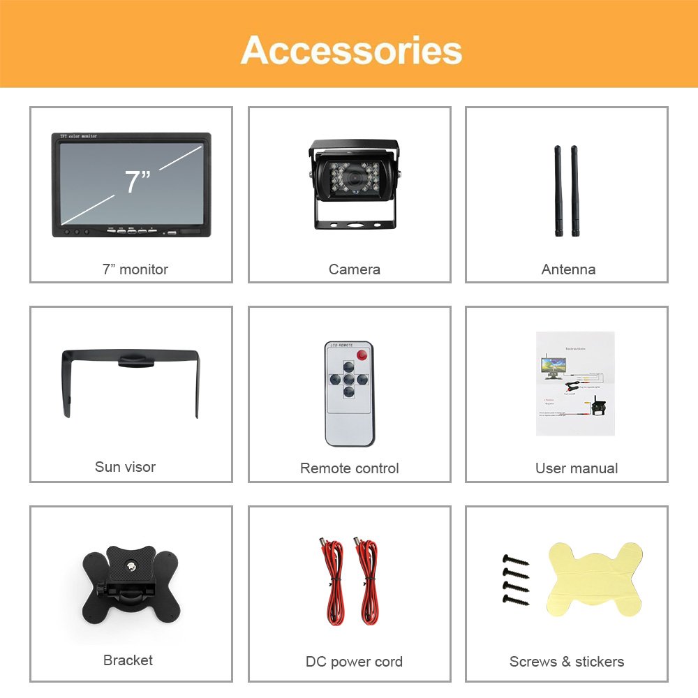 Wireless Reversing Camera Kit No Flashing Screen 7inch LCD Rear View Monitor Waterproof Reverse Camera
