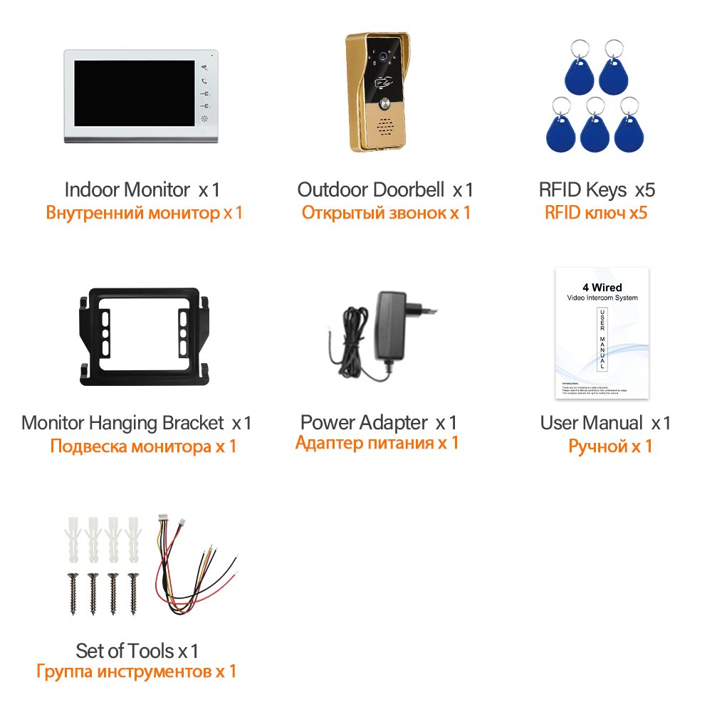 Multi-Unit Gate Entry Intercom System with 3pcs 7inch Monitors and 2 unit Doorbell Camera Night Vison Rainproof ID Card Unlock
