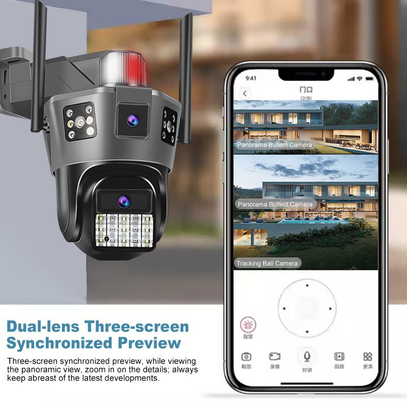 Rscamtom 9MP outdoor dual lens three screen 4G camera AI automatic tracking two way voice smart wireless Wifi security camera