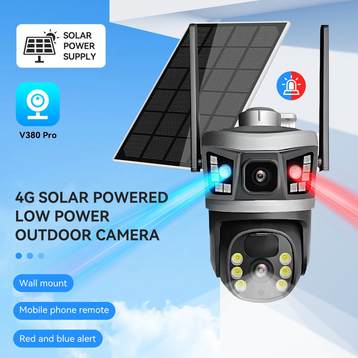 6MP Dual Screen Solar 4G Sim V380Pro Wireless WiFi Security Cameras PIR Mobile Detection Outdoor Safety Surveillance Camera
