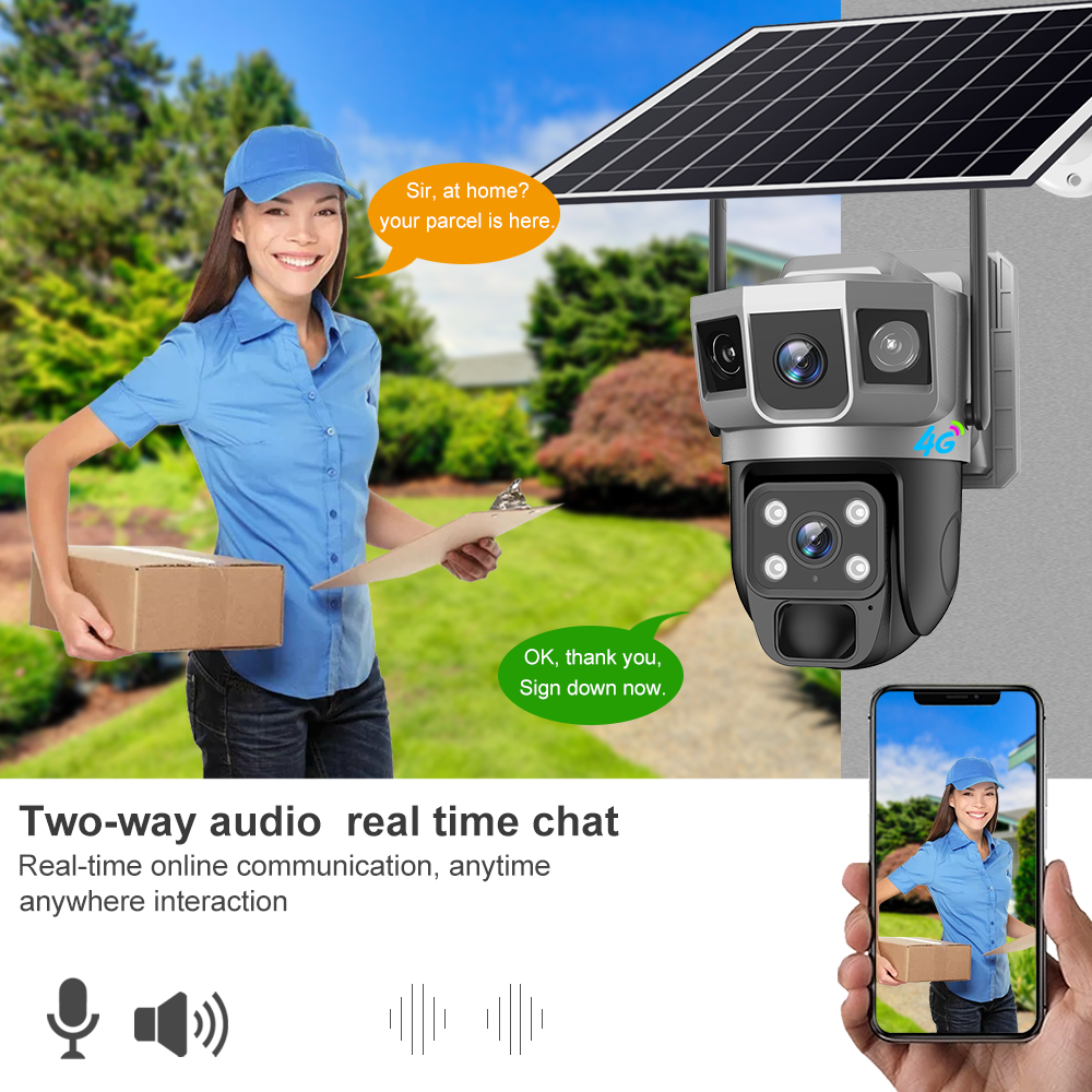 V380pro OEM Outdoor IP66 4G Solar powered camera Dual lens HD 4MP PIR Motion Detector CCTV Camera PTZ AOV Solar Security camera