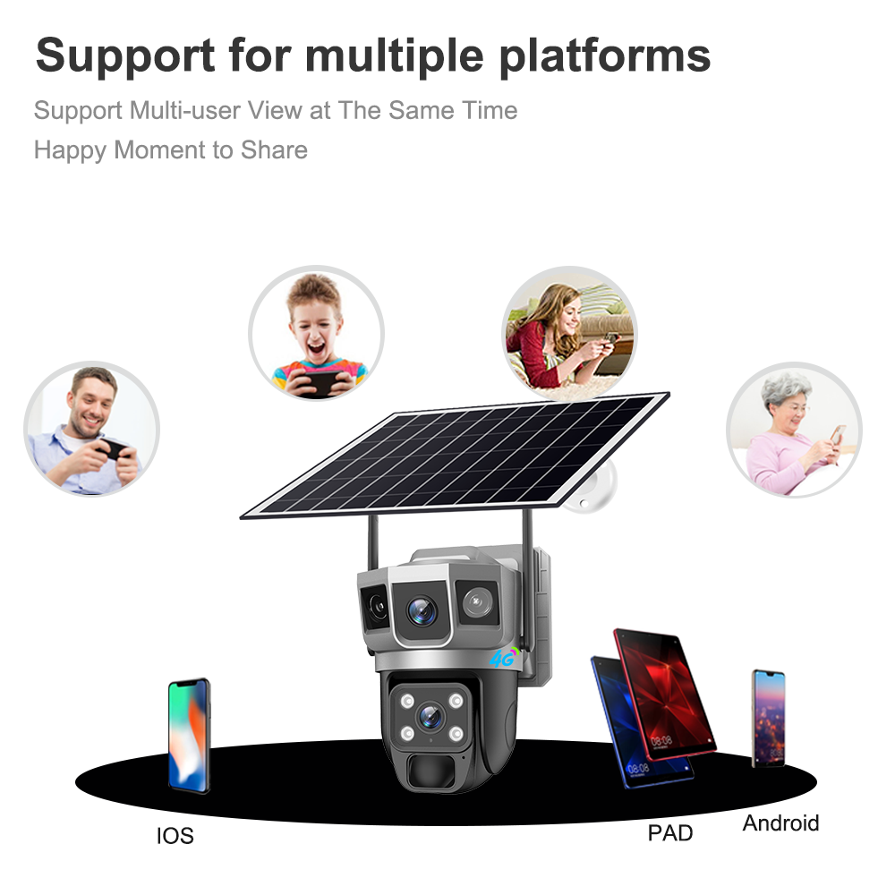 V380pro OEM Outdoor IP66 4G Solar powered camera Dual lens HD 4MP PIR Motion Detector CCTV Camera PTZ AOV Solar Security camera