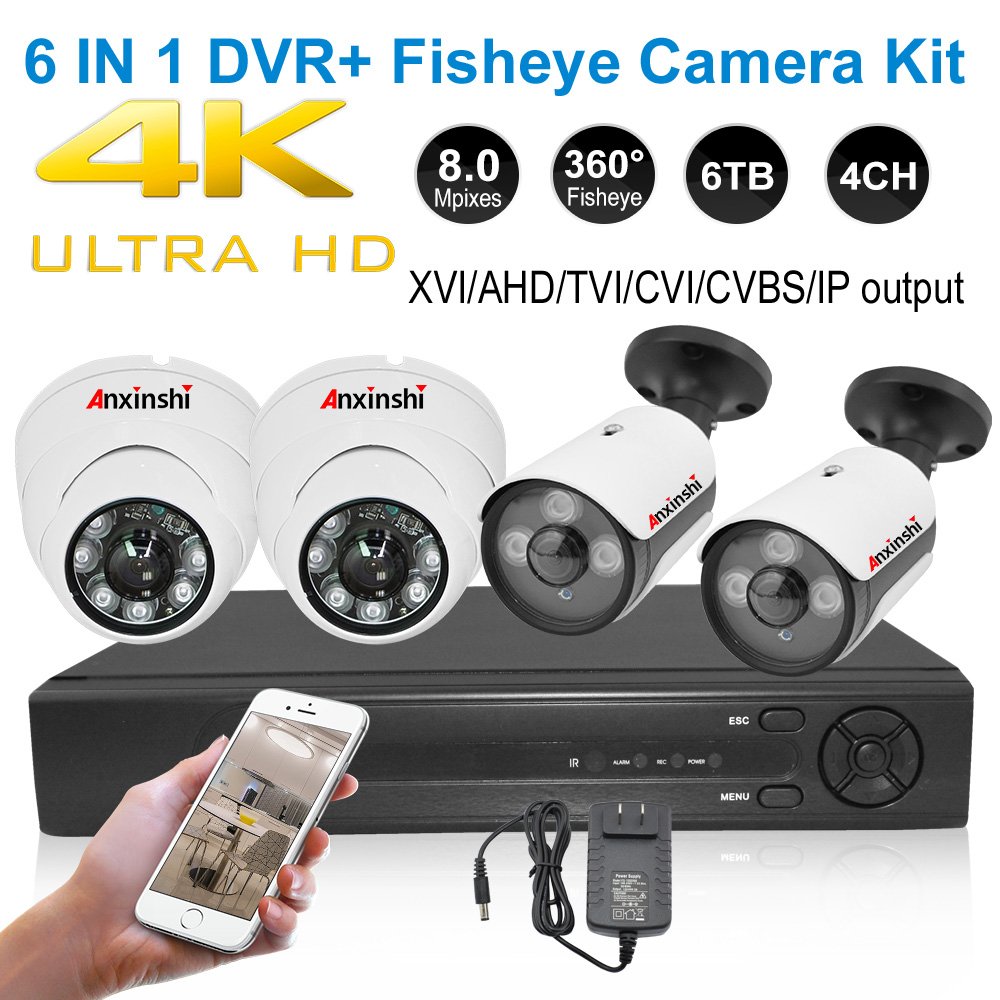 Anxinshi 4k DVR with 4 In 1 High Definition IR Fisheye Panoramic Camera kit