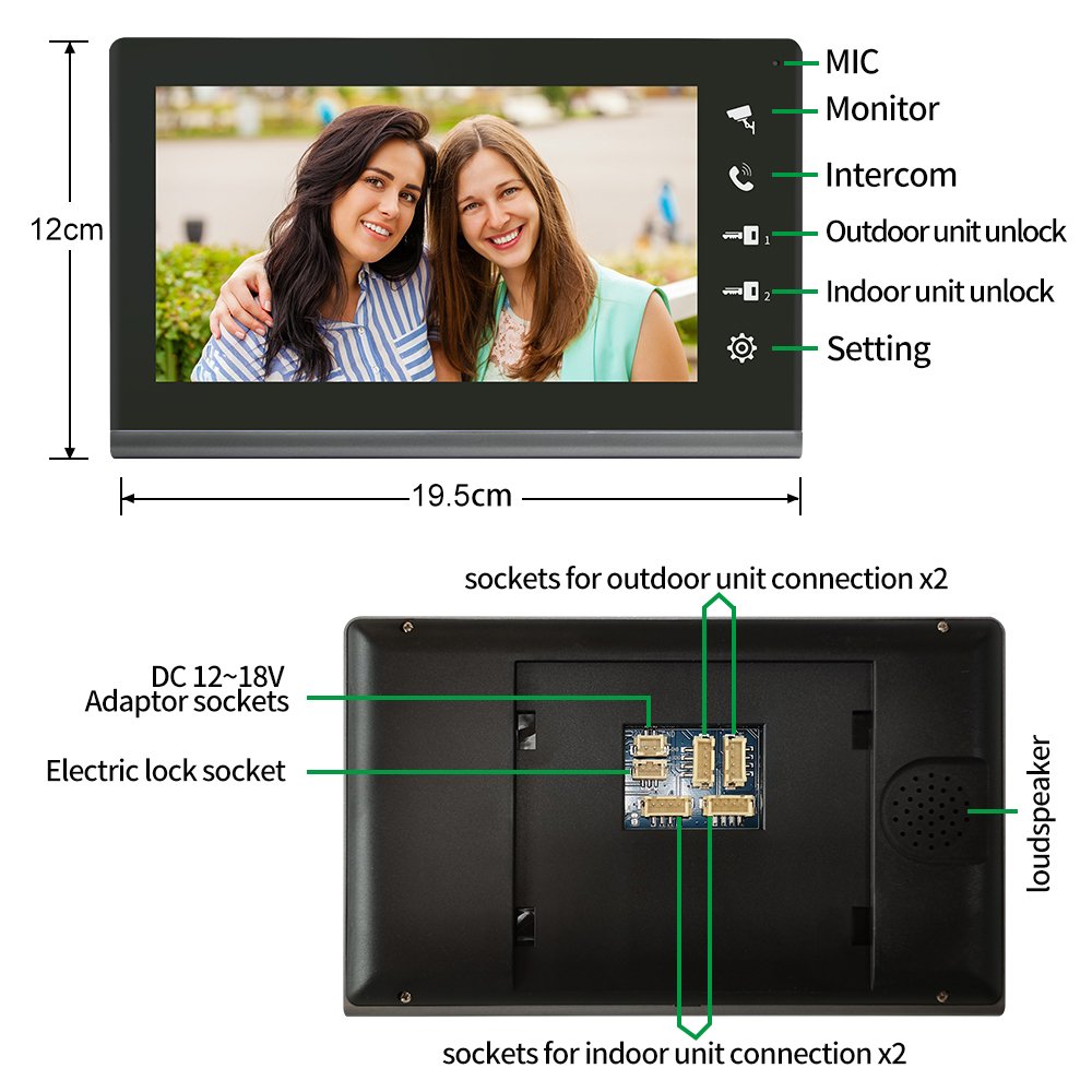 7 inch Multi Apartments Video Intercom System, 2 Villa Door Station with 2 Color Screen Monitor Unlock Intercom