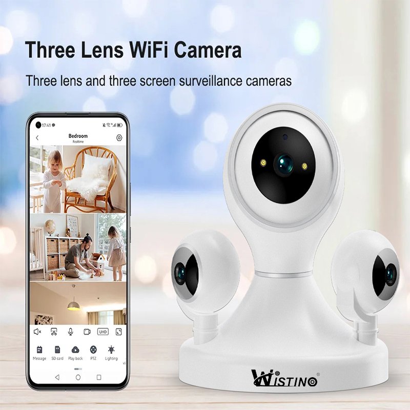 Rscamtom Indoor 12MP HD Mini WiFi Camera Three Lens Mobile Tracking Color Night Vision Fish Eye Camera
