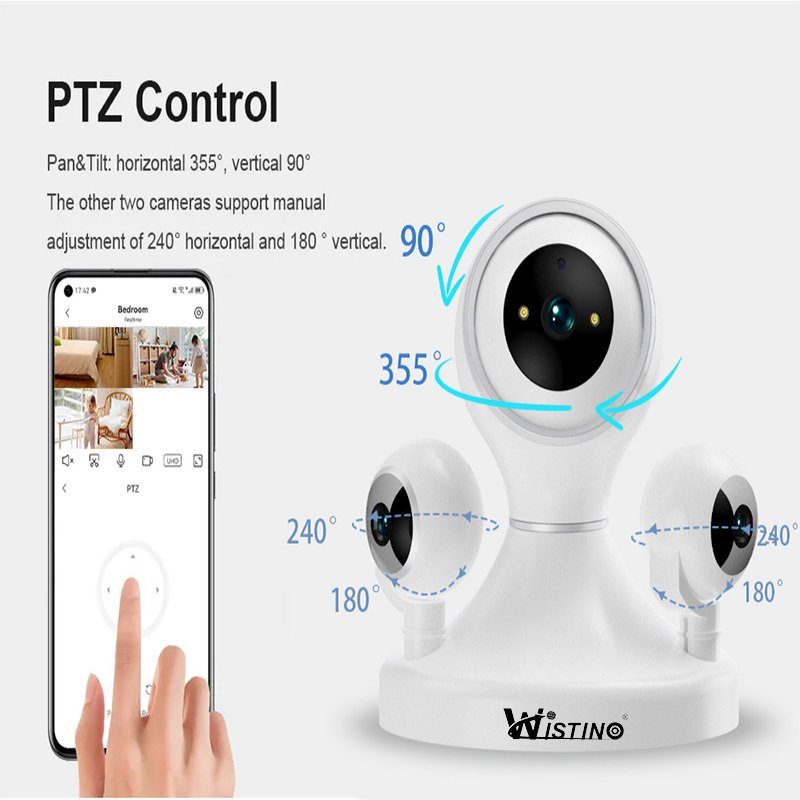 Rscamtom Indoor 12MP HD Mini WiFi Camera Three Lens Mobile Tracking Color Night Vision Fish Eye Camera