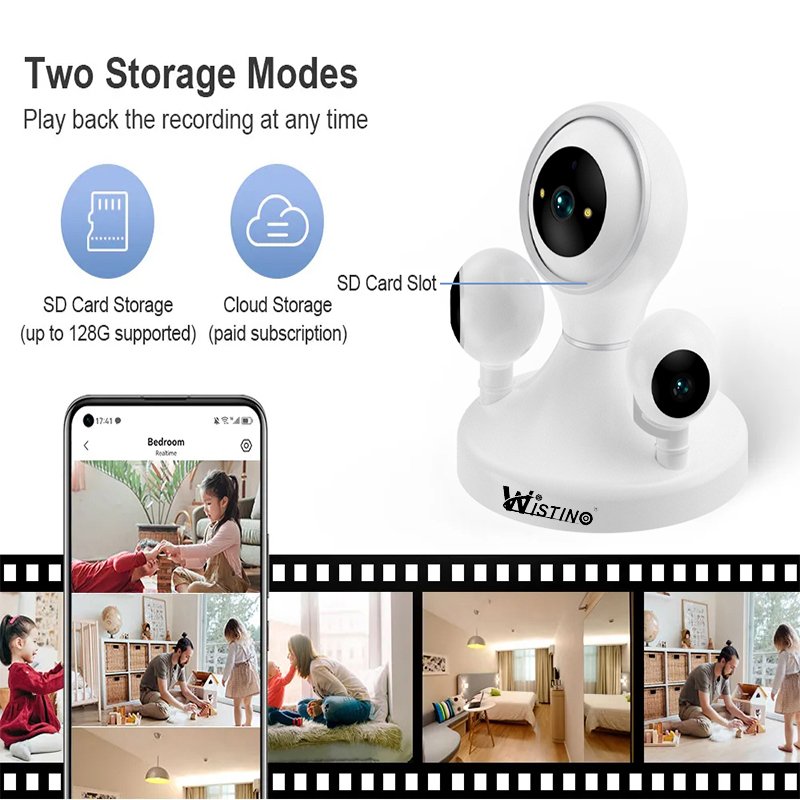Rscamtom Indoor 12MP HD Mini WiFi Camera Three Lens Mobile Tracking Color Night Vision Fish Eye Camera