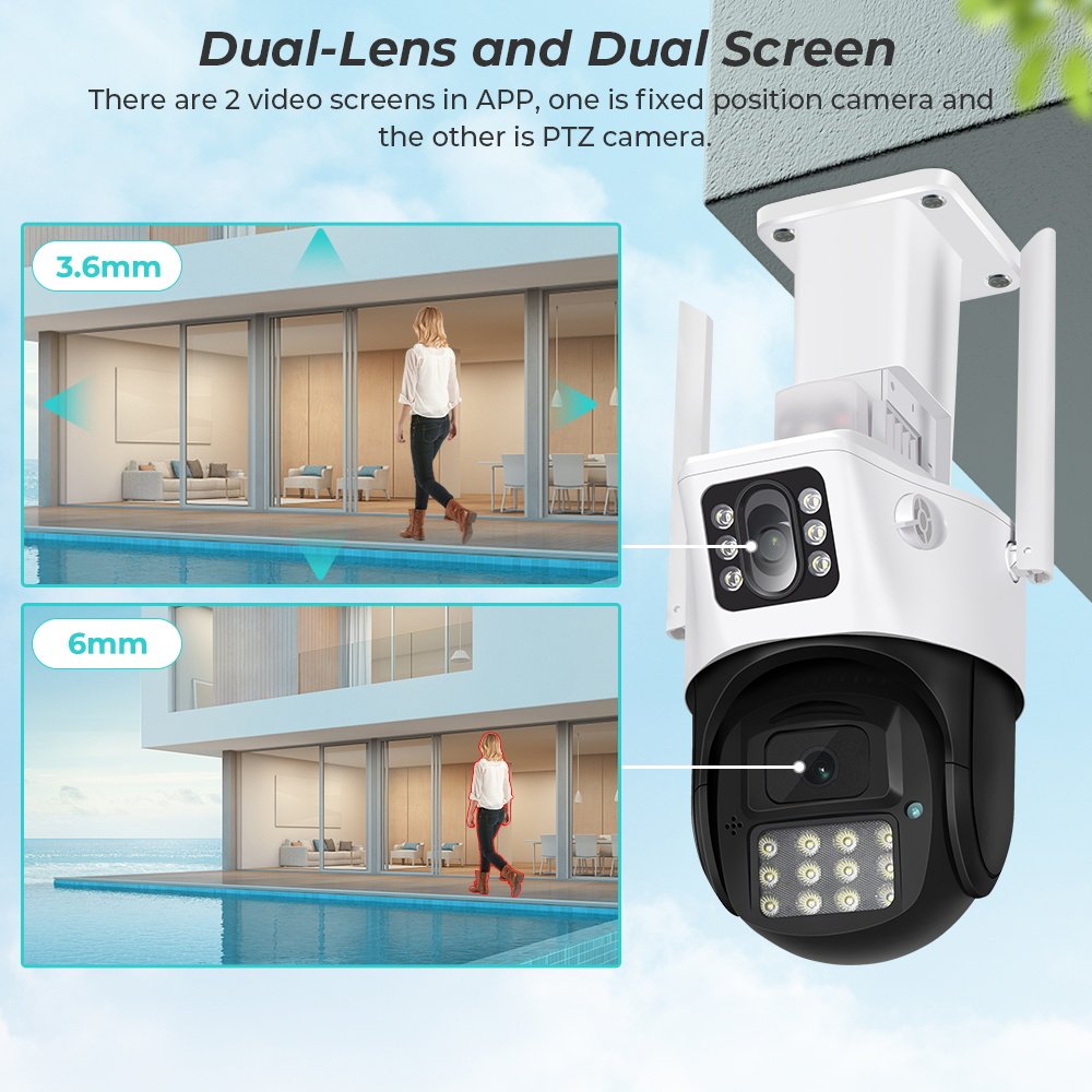 6Mp Dual Lens Outdoor Wifi Ptz Webcam Smart Home Pan Tilt 360Degree Wireless Security Ip Camera With Siren Colorful Night Vision