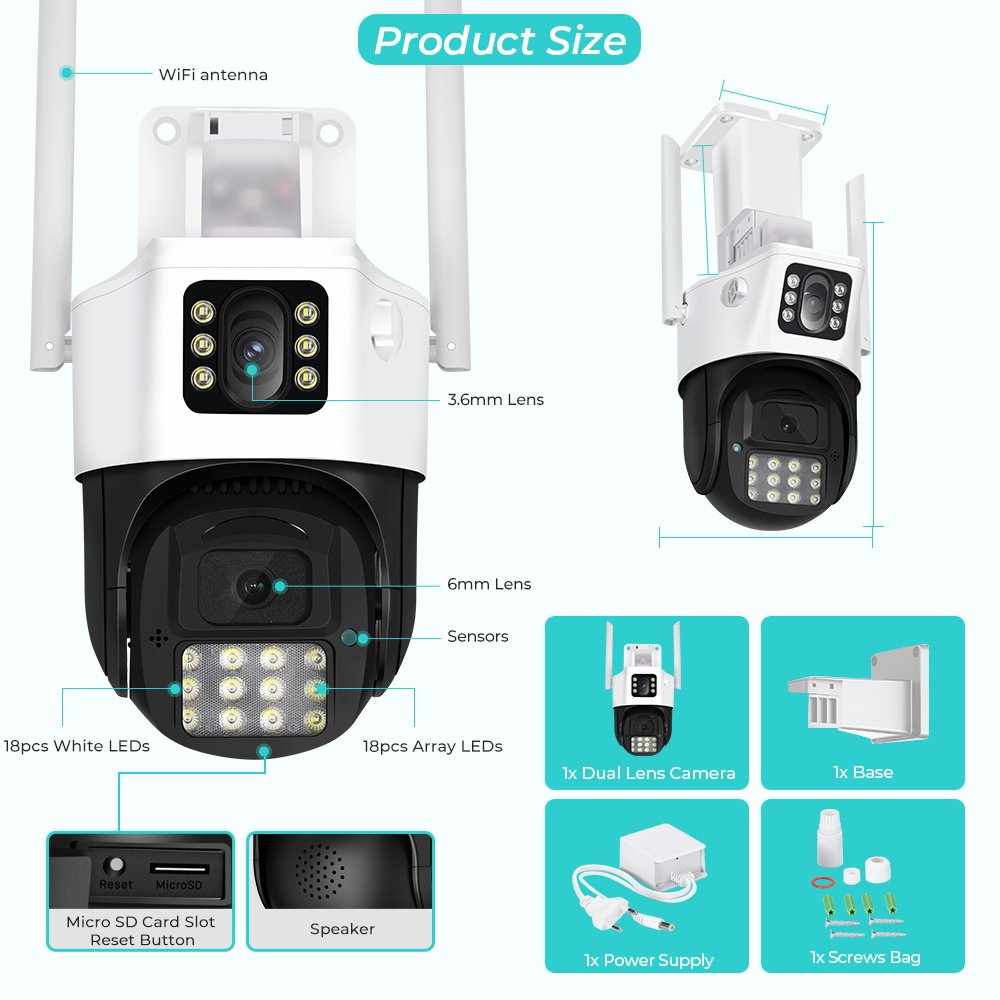 6Mp Dual Lens Outdoor Wifi Ptz Webcam Smart Home Pan Tilt 360Degree Wireless Security Ip Camera With Siren Colorful Night Vision