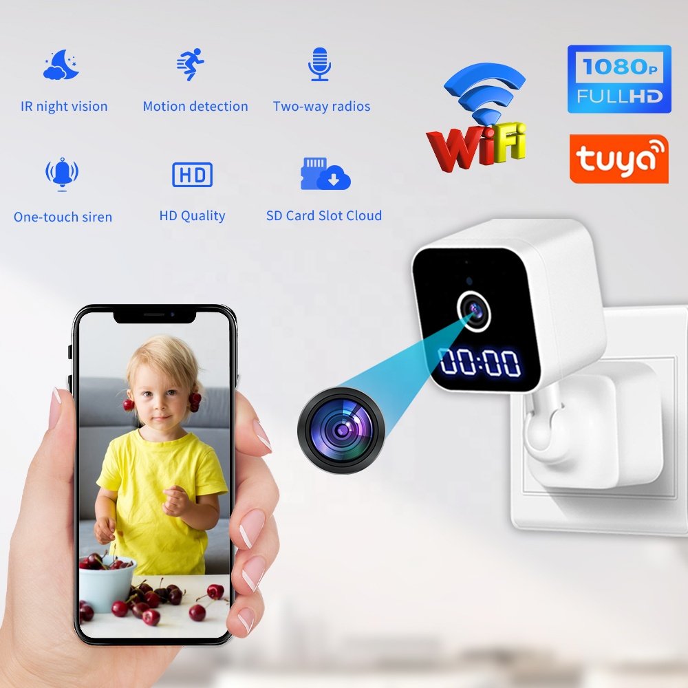 plug in Mini wifi camera LED time display tuya APP IR night vision HD 1080p 360° manual rotation mini camera wifi