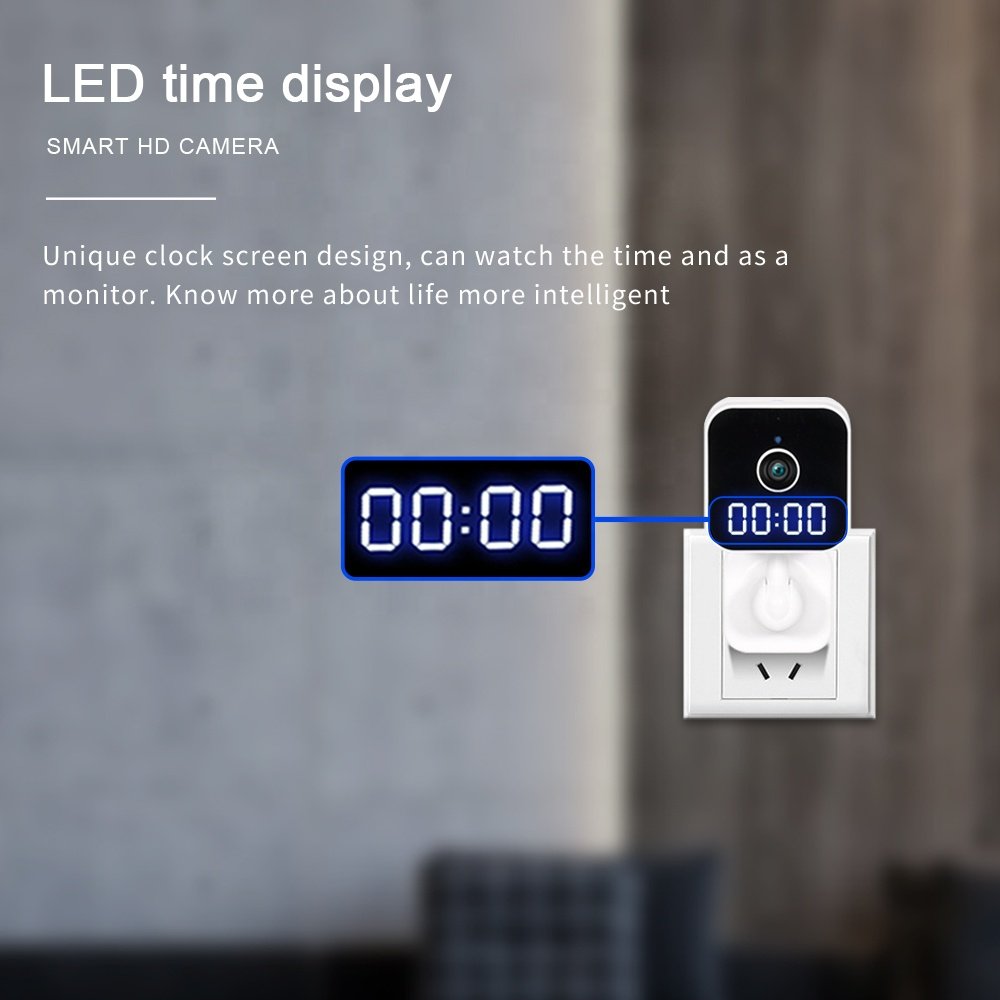 plug in Mini wifi camera LED time display tuya APP IR night vision HD 1080p 360° manual rotation mini camera wifi