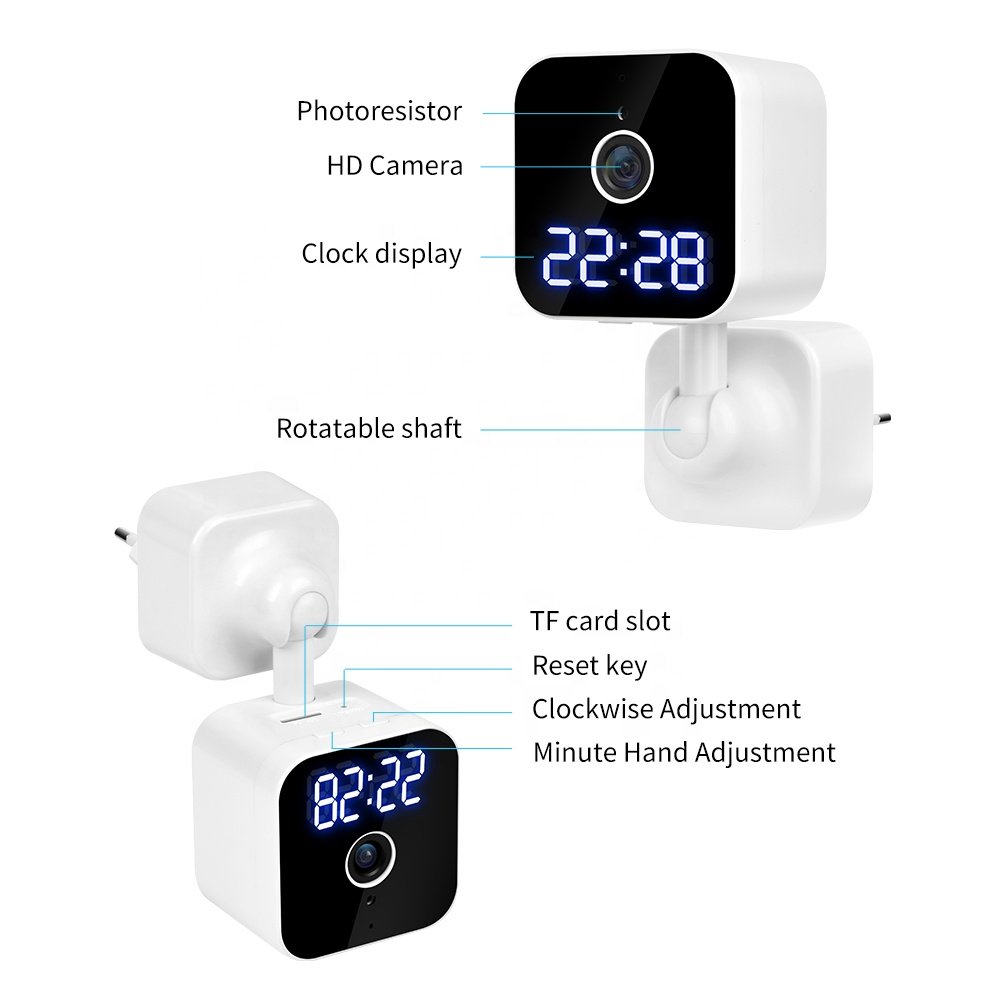 plug in Mini wifi camera LED time display tuya APP IR night vision HD 1080p 360° manual rotation mini camera wifi