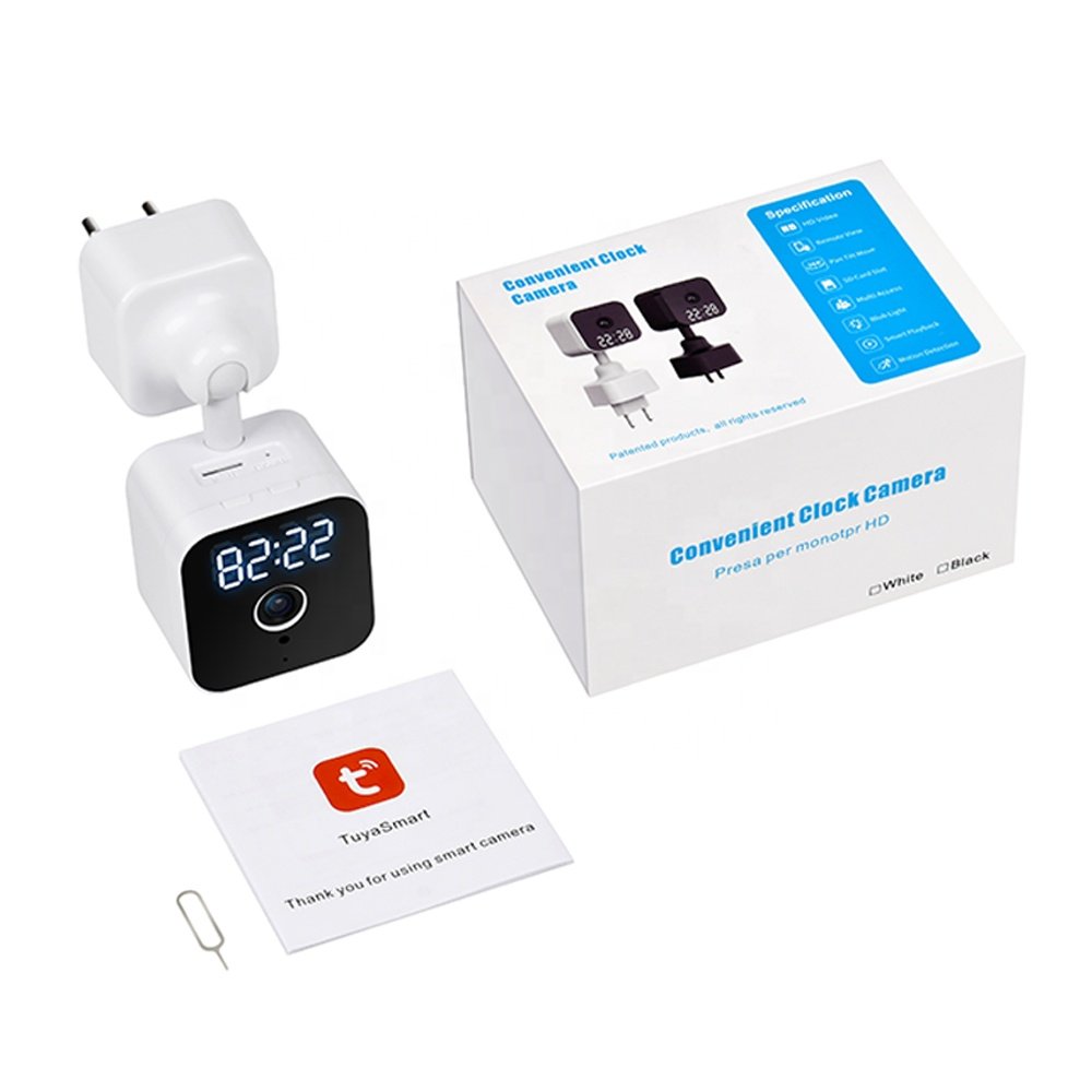 plug in Mini wifi camera LED time display tuya APP IR night vision HD 1080p 360° manual rotation mini camera wifi