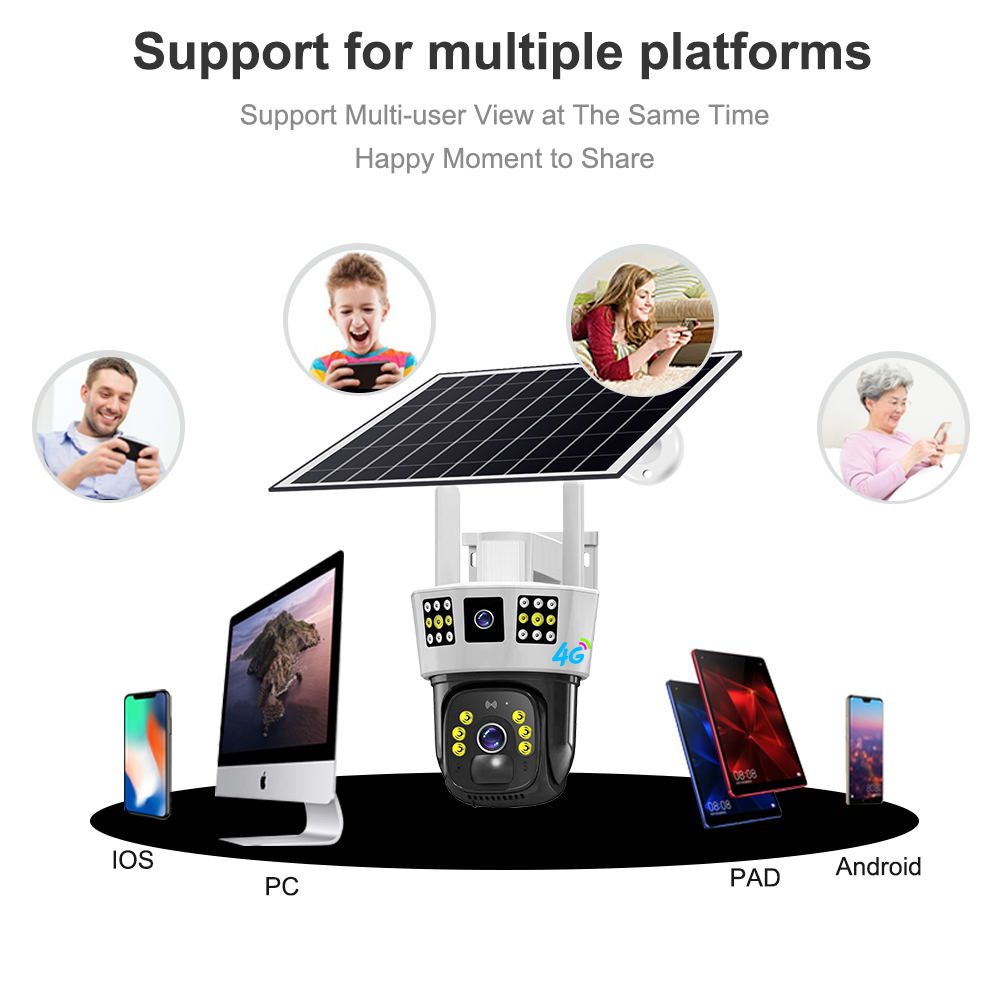 4G SIM Card 4MP Camera Solar Panel Battery Security Camera Waterproof Outdoor PTZ CCTV Dual Lens 3 image network Camera