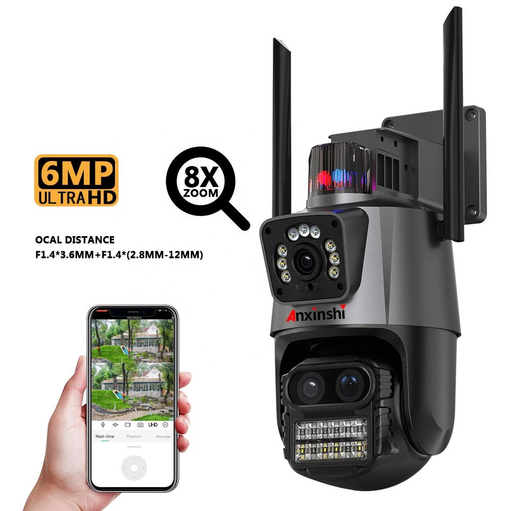 Anxinshi 8X Zoom ICSee 6MP Wireless Multi Lens WiFi PTZ Network Camera