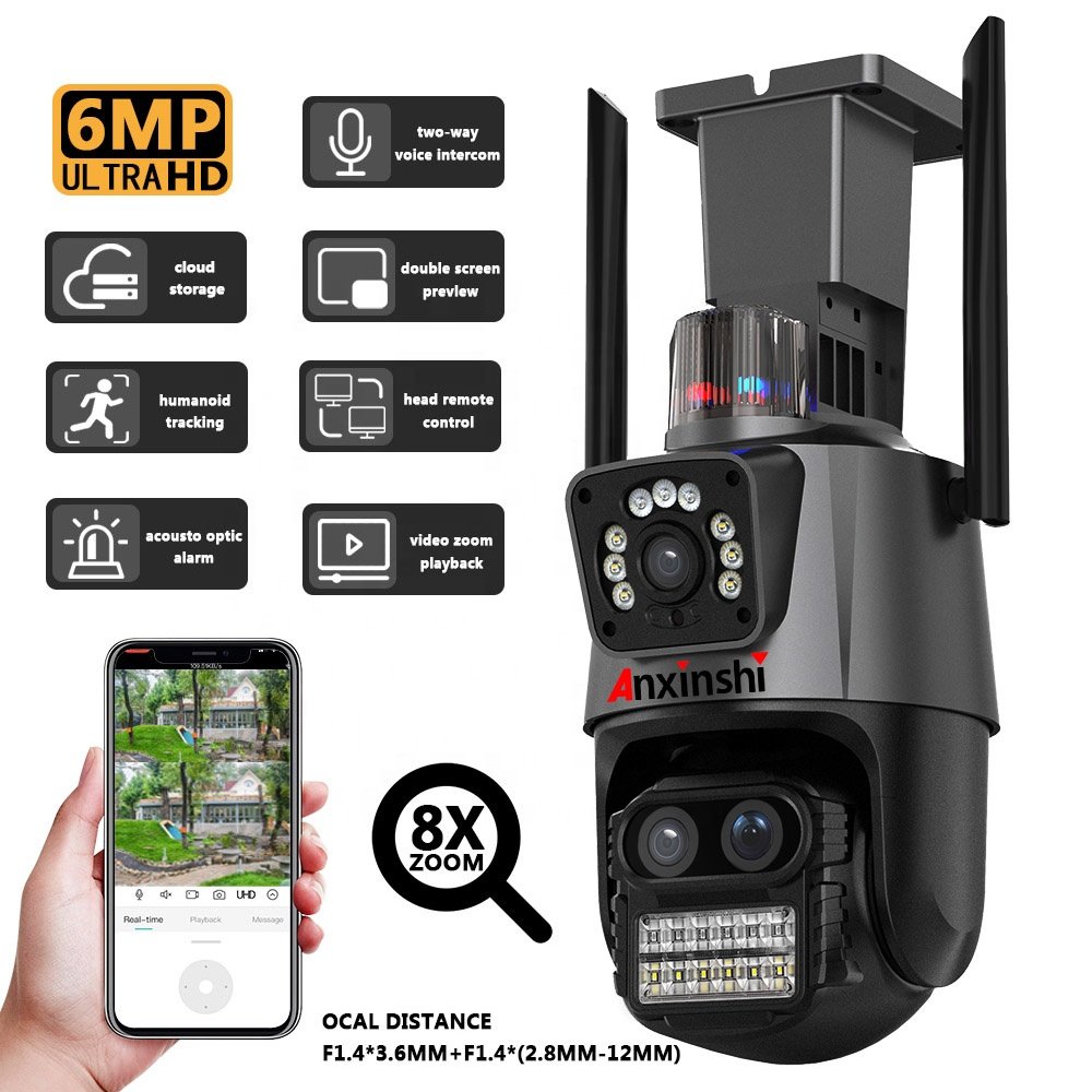 Anxinshi 8X Zoom ICSee 6MP Wireless Multi Lens WiFi PTZ Network Camera